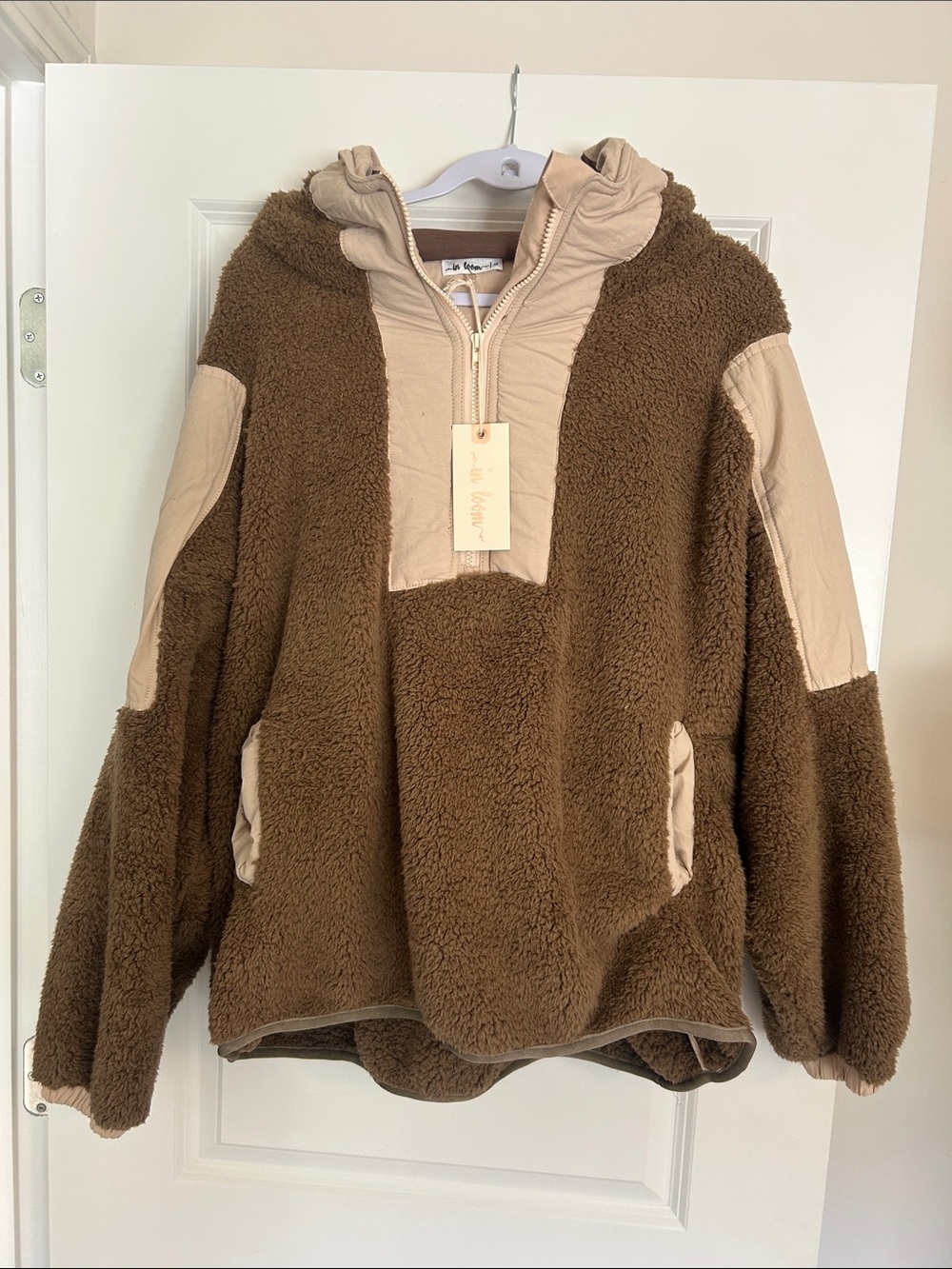 Women's Brown Teddy Pullover Jacket with Cream Trim with Kangaroo Pocket